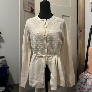 L.L. Bean Cream Textured 100% Lambs Wool Button Up Tie Waist Cardigan